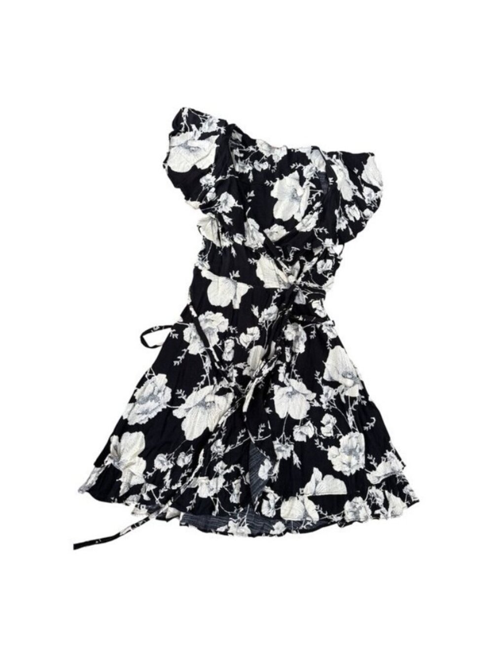 Free People Black Ivory Floral Ruffle Edge French Quarter Wrap Mini Dress Small